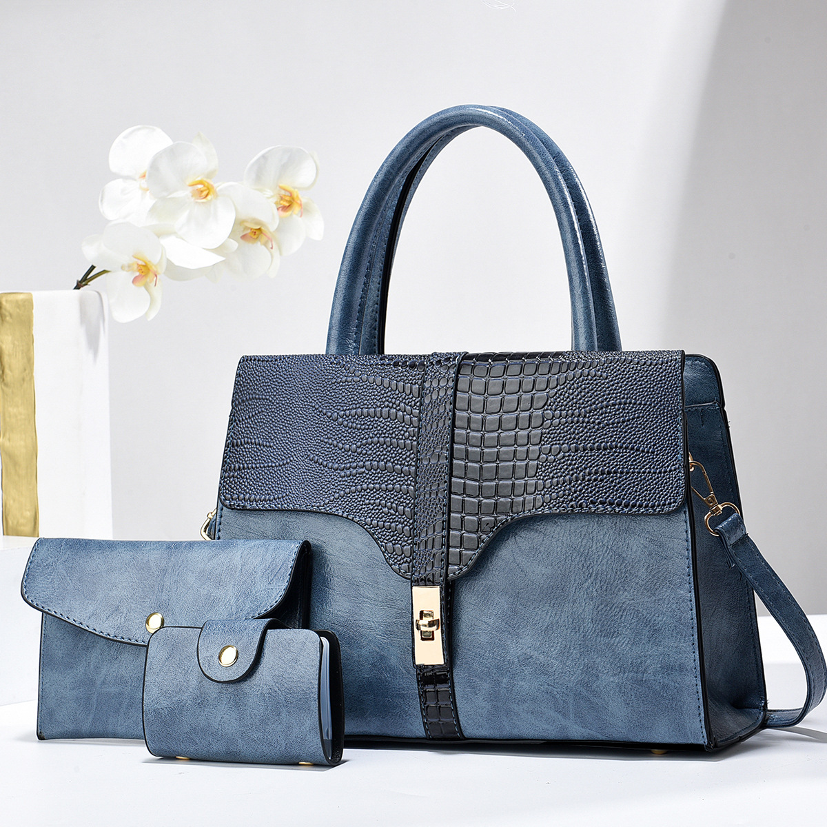 Stylish Pattern Leather Tote Womens 3-Piece Handbag Set with Wallet